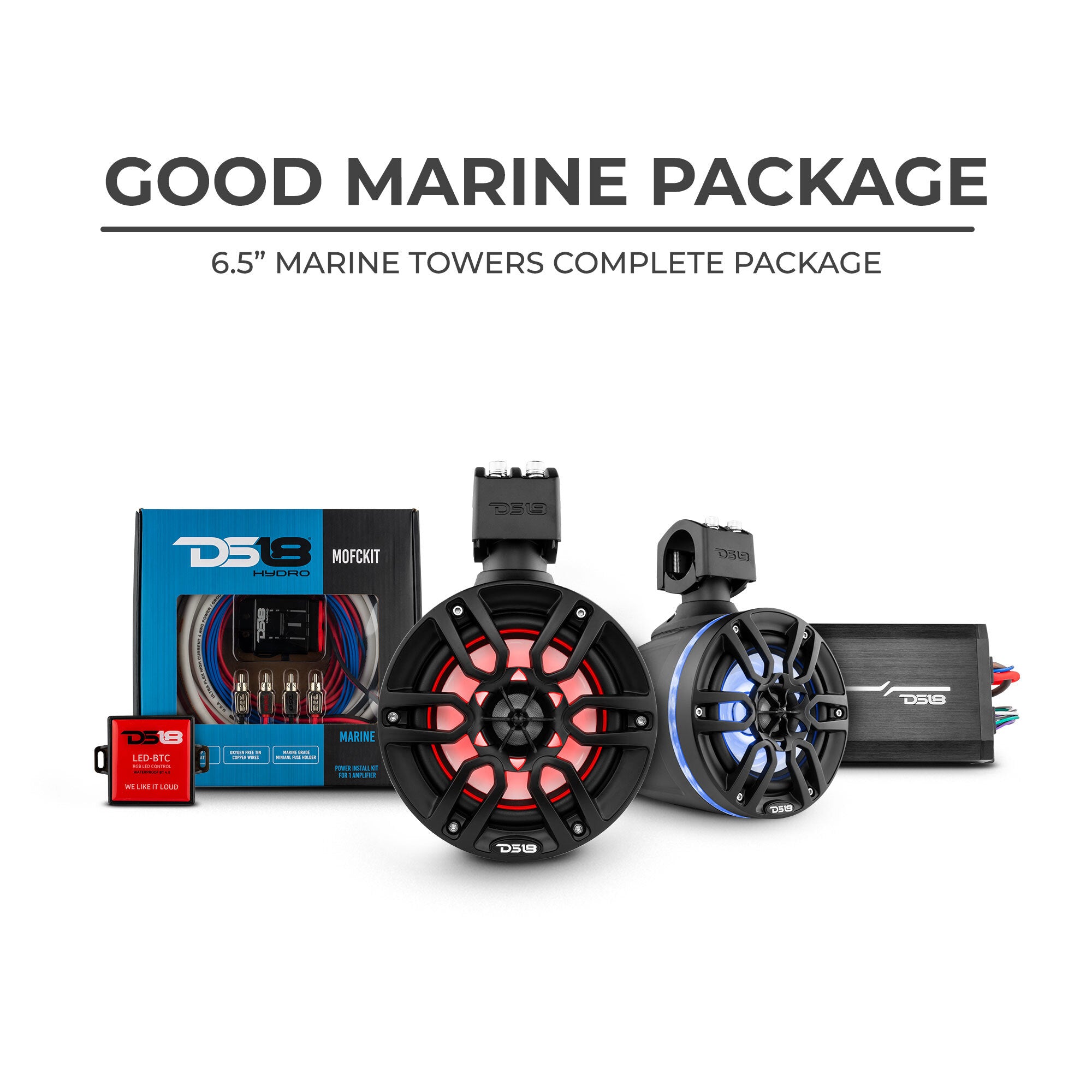 DS18 Good Marine Stereo Package 2 x 6.5” Speaker Tower| 1 x 2 Ch Amplifier | 1 x MOFCKIT4 and 1 x LED-BTC